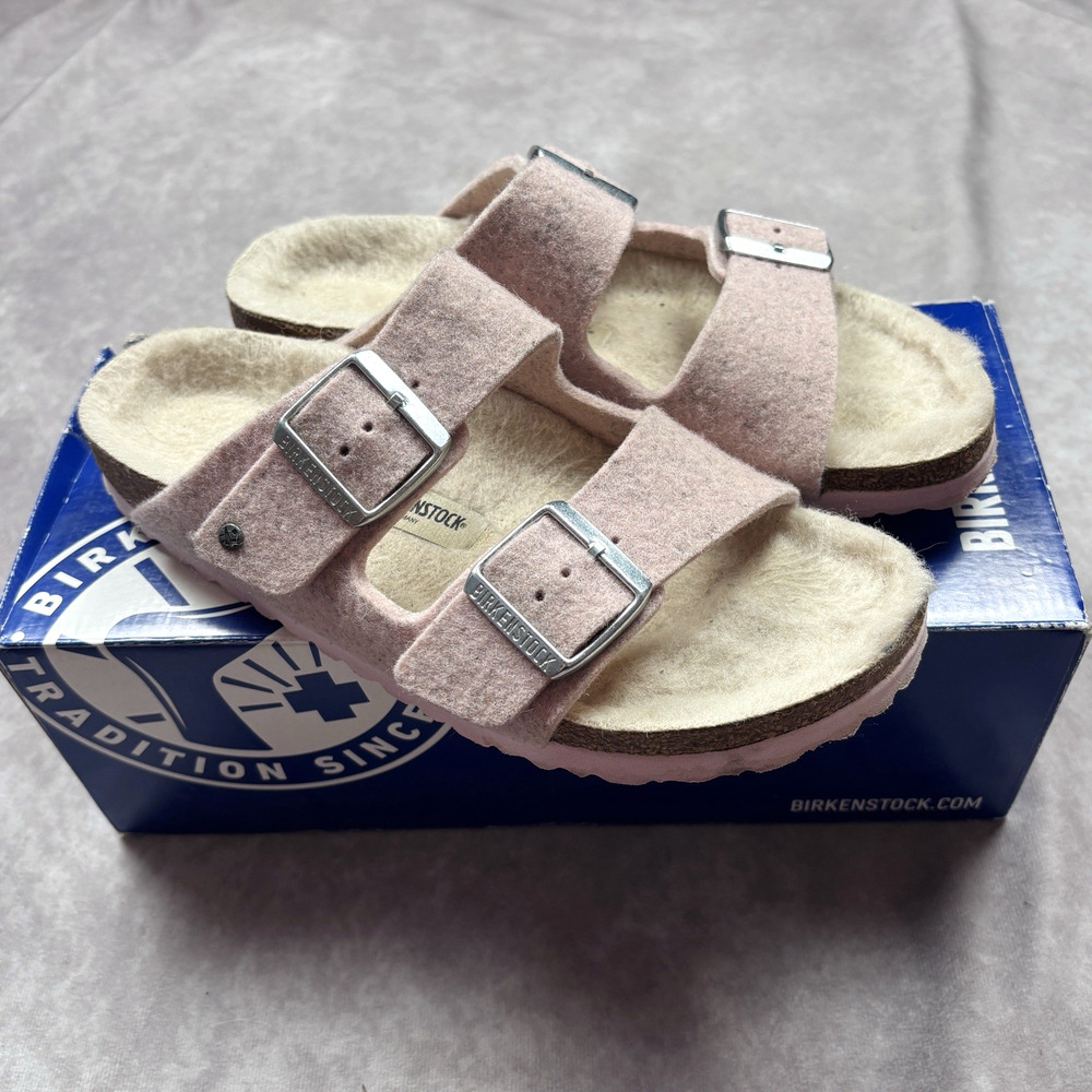 Birkenstock Women's Arizona Soft Pink Sandal Wool Cork Narrow Fit US 7 EU 38